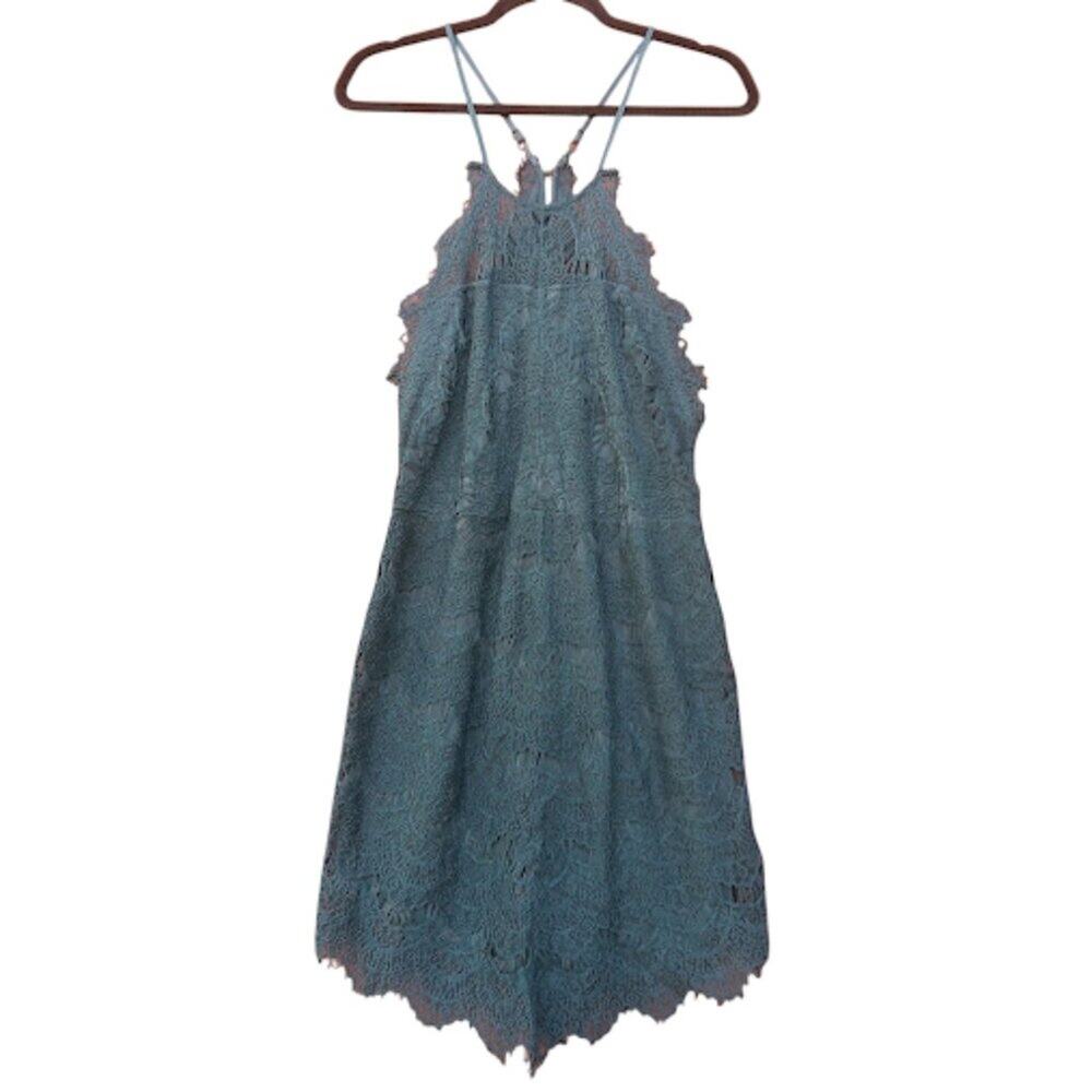 FREE PEOPLE | Emerald Green Lace Button Back Spaghetti Strap Mini Dress Large